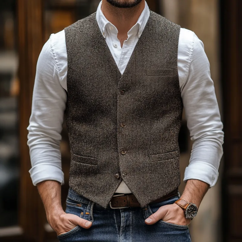 Men's Vintage Herringbone V-Neck Single-Breasted Multi-Pocket Slim Fit Vest 88687040M