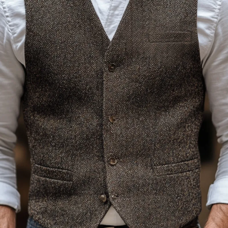 Men's Vintage Herringbone V-Neck Single-Breasted Multi-Pocket Slim Fit Vest 88687040M