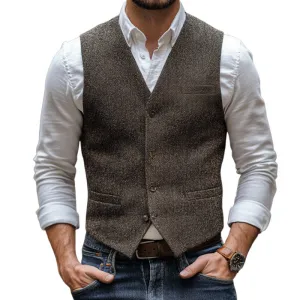Men's Vintage Herringbone V-Neck Single-Breasted Multi-Pocket Slim Fit Vest 88687040M