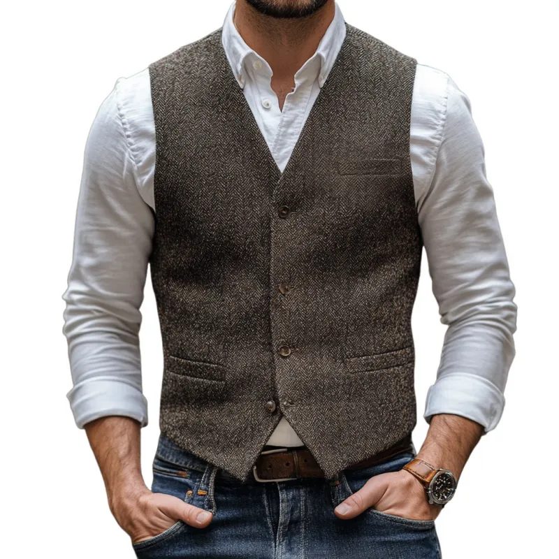 Men's Vintage Herringbone V-Neck Single-Breasted Multi-Pocket Slim Fit Vest 88687040M