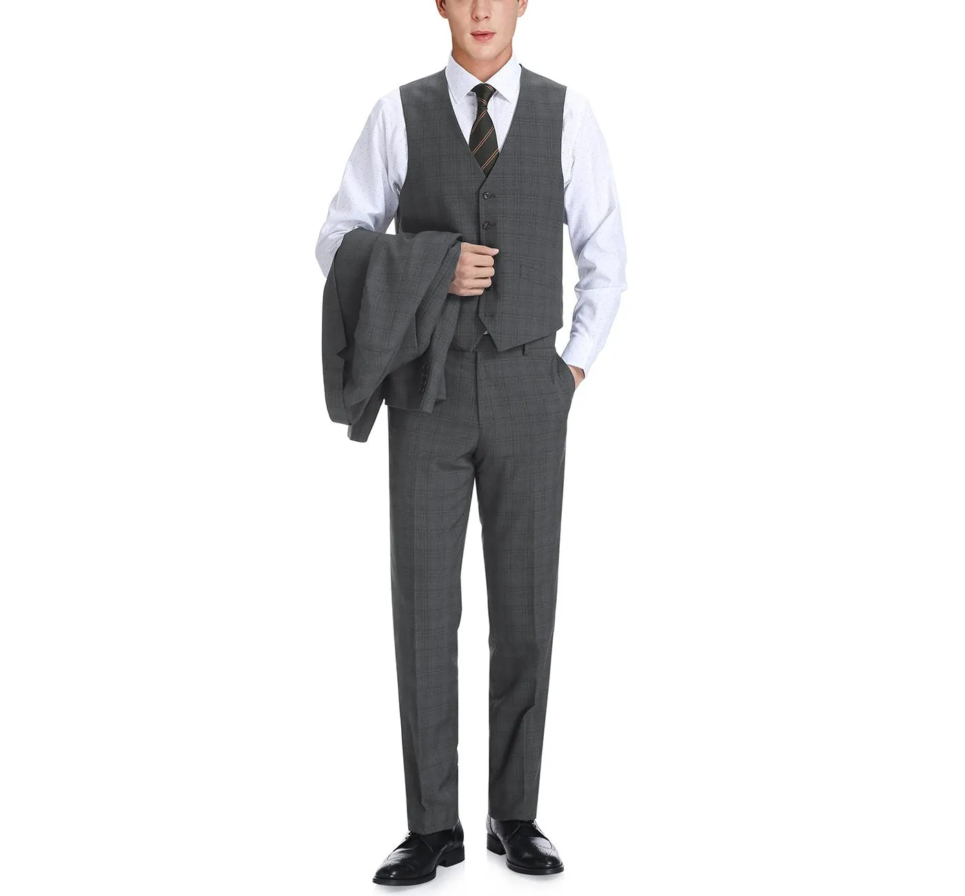 Performance 3-Piece CLASSIC FIT Suit in Grey Windowpane Check (Short, Regular, and Long Available) by Renoir