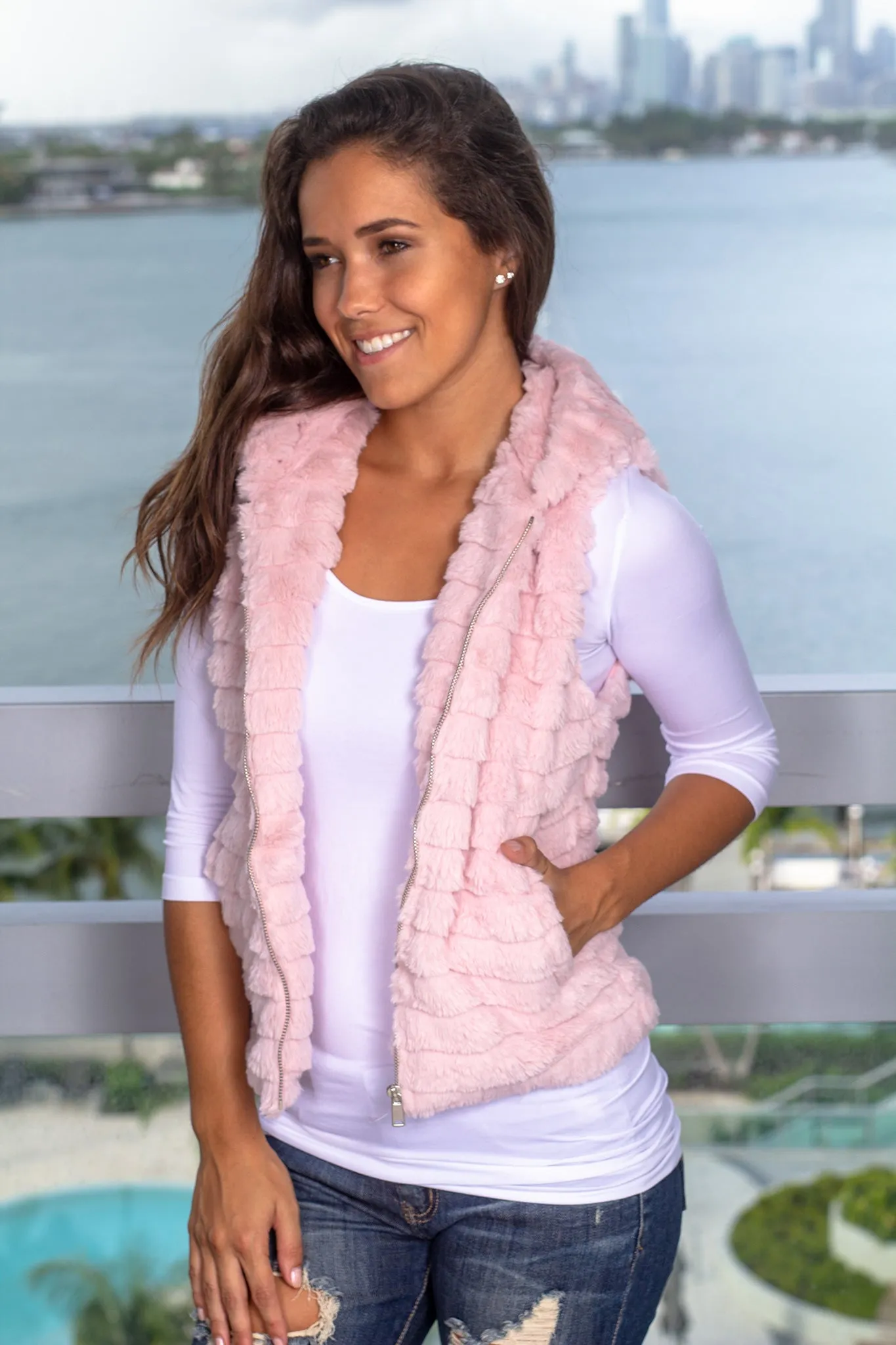 Pink Fuzzy Vest with Hood