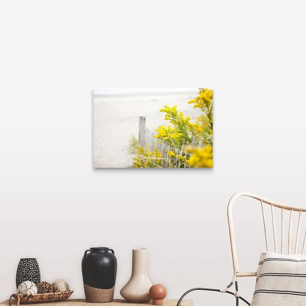 "Beach fence with yellow flowers" Canvas Wall Art