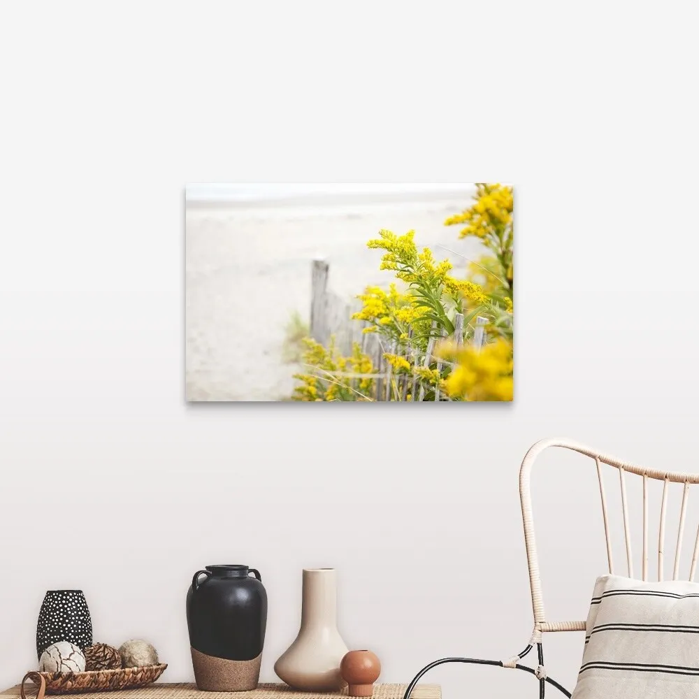 "Beach fence with yellow flowers" Canvas Wall Art