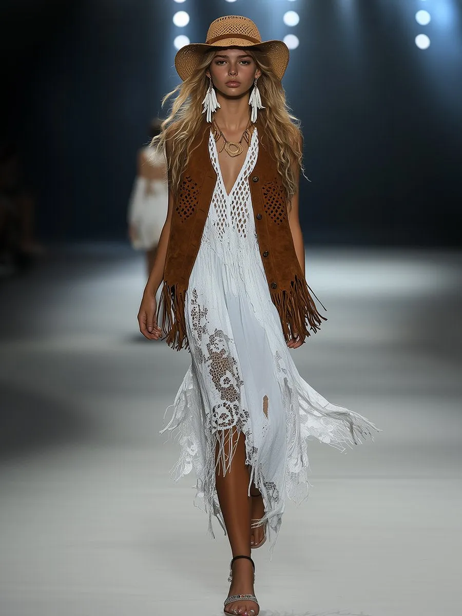 Retro Casual Fashionable Laser Hollow Suede Tassel Vest