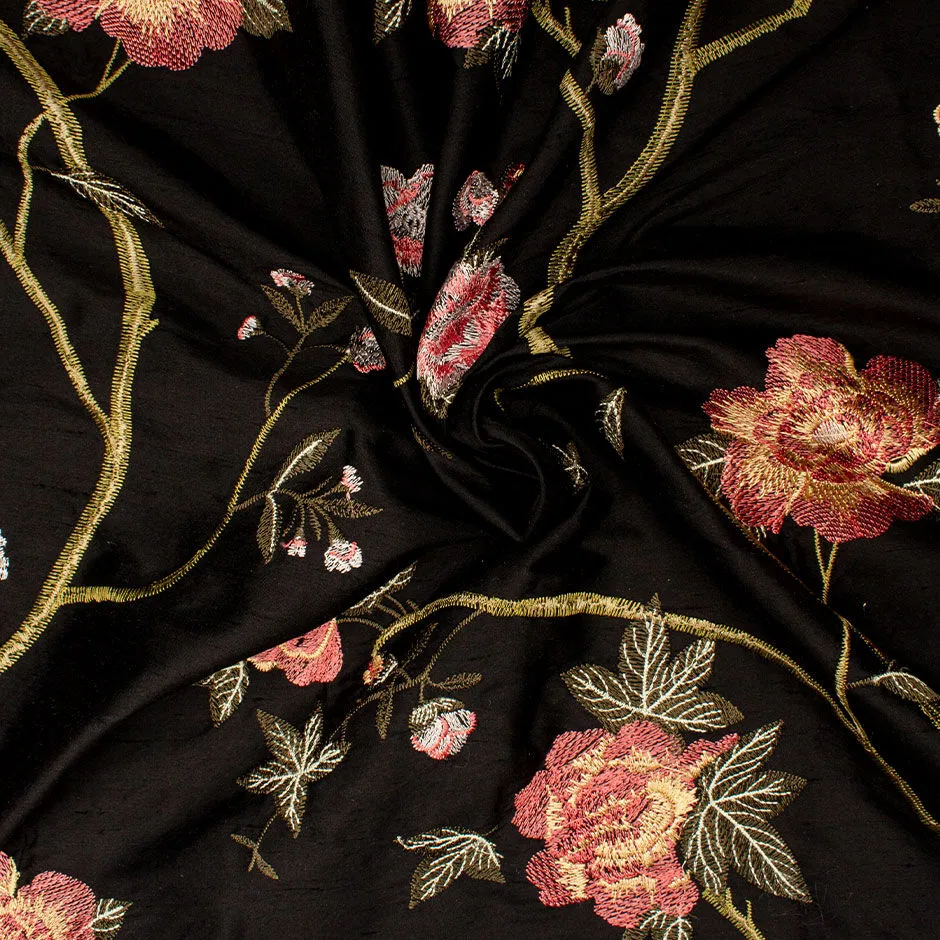 Rose Pink Floral Embroidered Black Silk Shantung (A 2.65m Piece)
