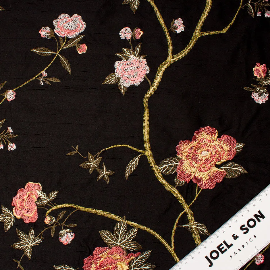 Rose Pink Floral Embroidered Black Silk Shantung (A 2.65m Piece)