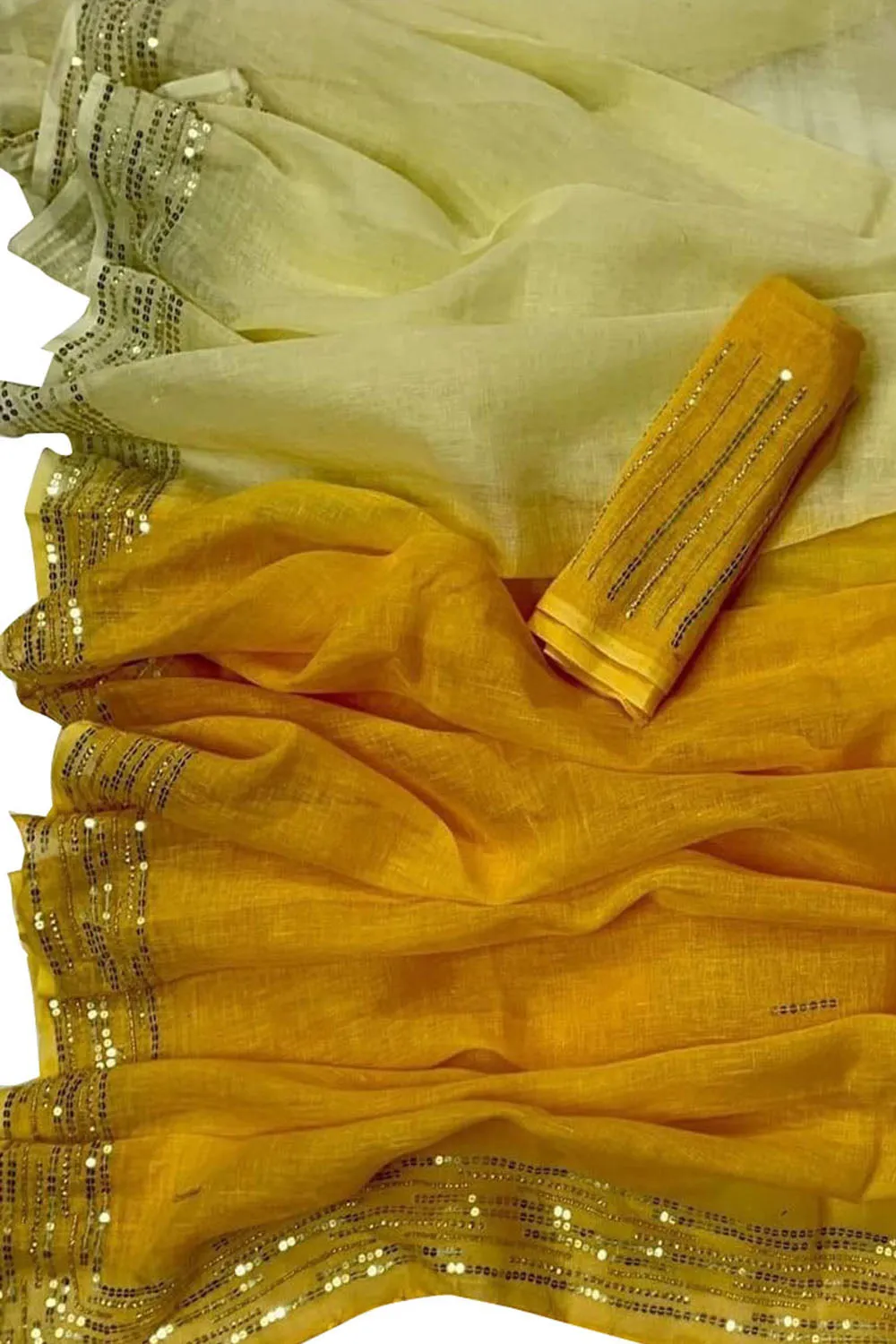 Shop the Latest Yellow Pure Linen Sequins Hand Work Saree Online