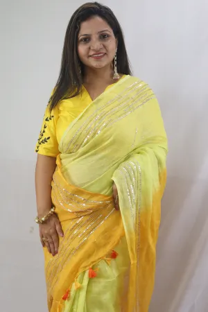 Shop the Latest Yellow Pure Linen Sequins Hand Work Saree Online