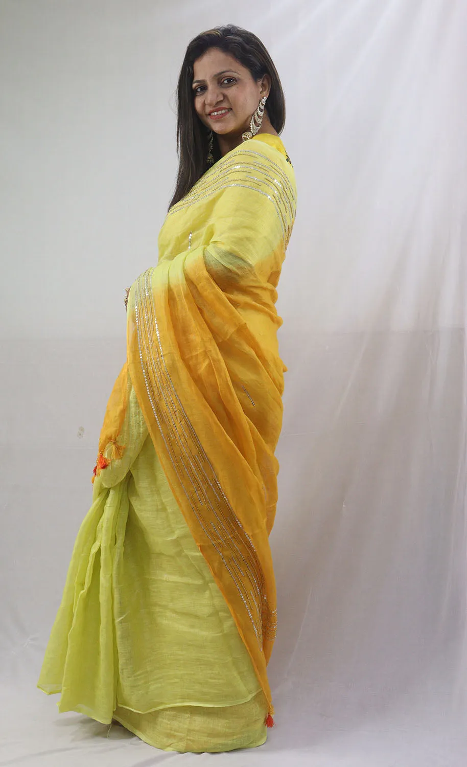 Shop the Latest Yellow Pure Linen Sequins Hand Work Saree Online