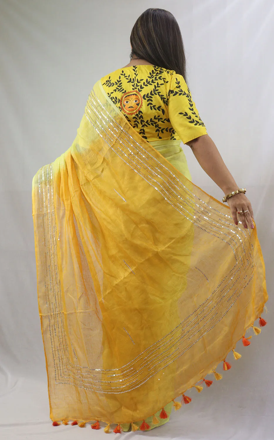 Shop the Latest Yellow Pure Linen Sequins Hand Work Saree Online