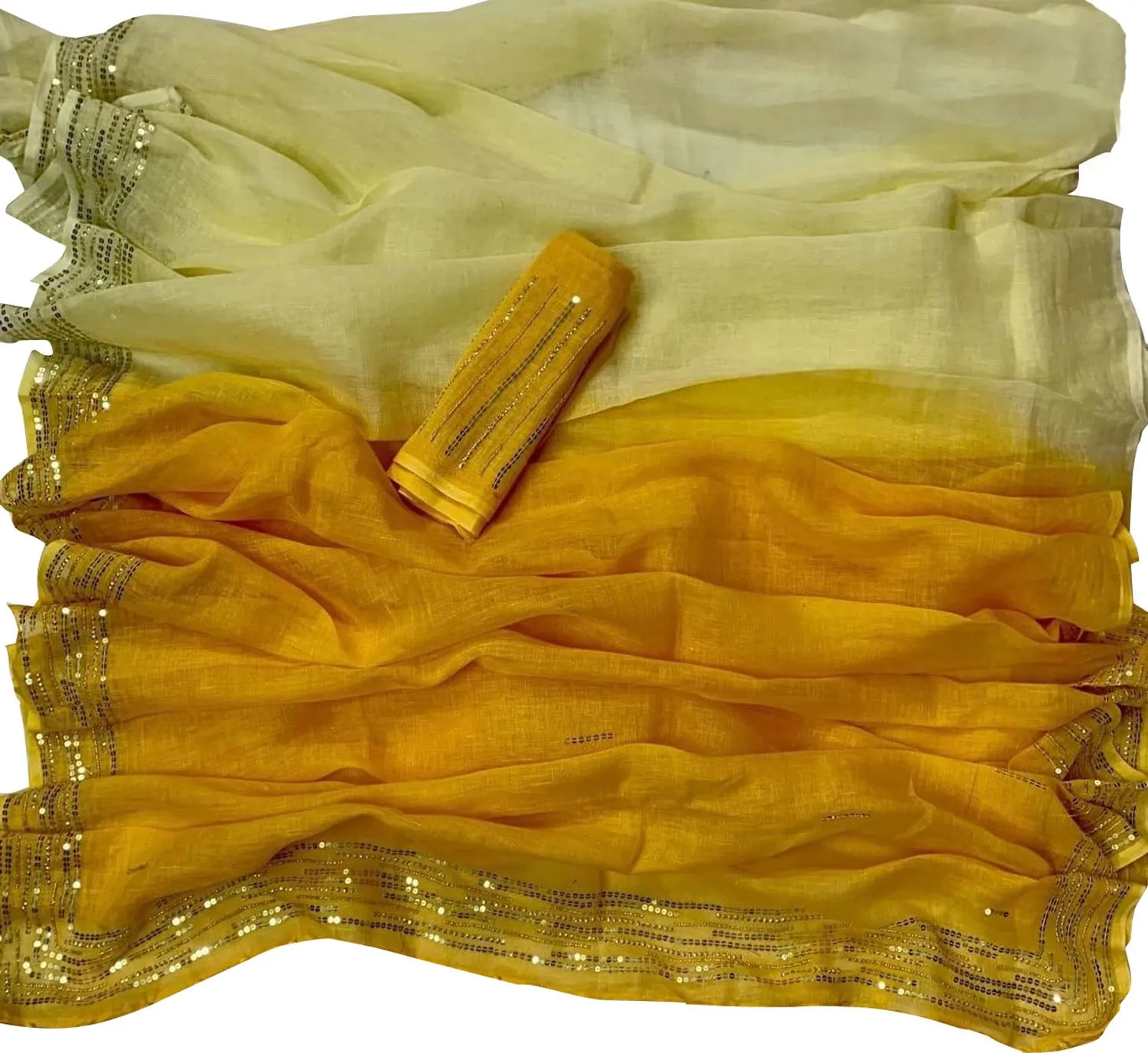 Shop the Latest Yellow Pure Linen Sequins Hand Work Saree Online
