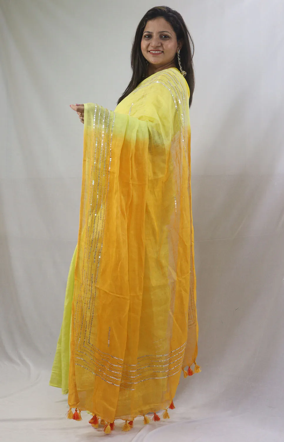 Shop the Latest Yellow Pure Linen Sequins Hand Work Saree Online