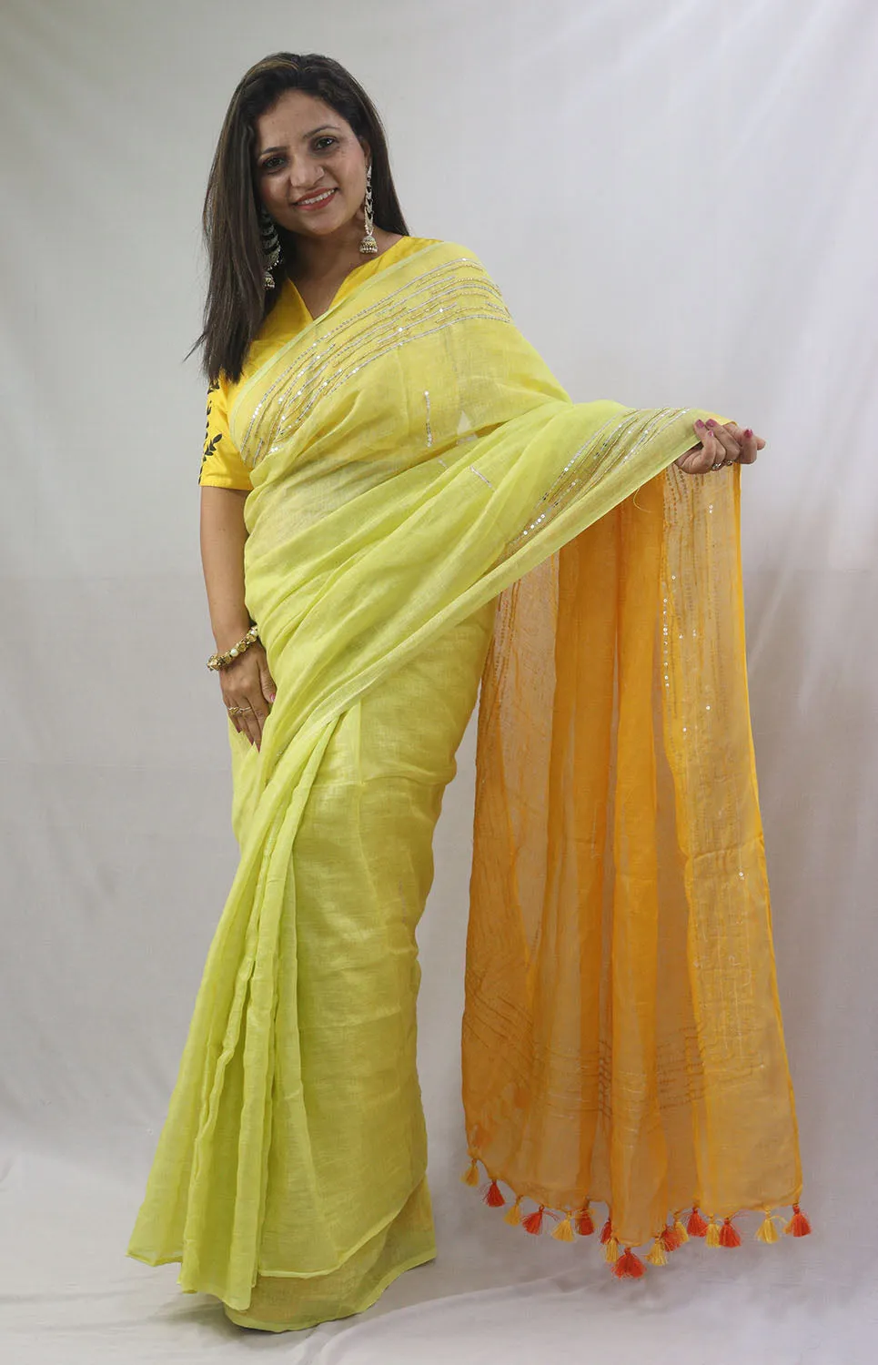 Shop the Latest Yellow Pure Linen Sequins Hand Work Saree Online
