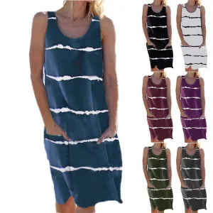 Sleeveless Summer Women's Round Neck Printed Striped Pocket Vest Dress