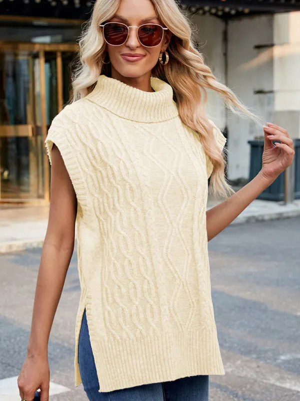 Trendy Cable Knit Turtleneck Vest with Side Slits