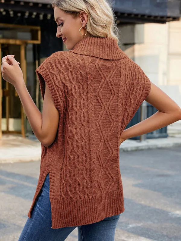 Trendy Cable Knit Turtleneck Vest with Side Slits