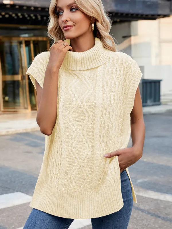 Trendy Cable Knit Turtleneck Vest with Side Slits