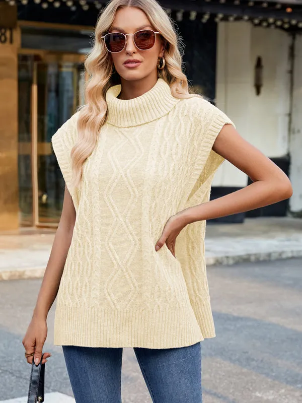 Trendy Cable Knit Turtleneck Vest with Side Slits