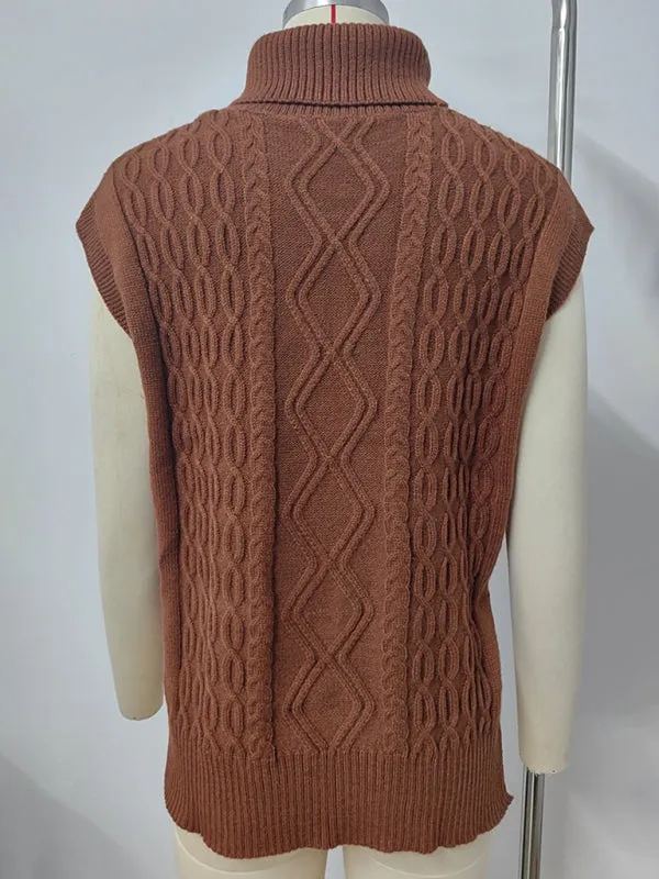Trendy Cable Knit Turtleneck Vest with Side Slits
