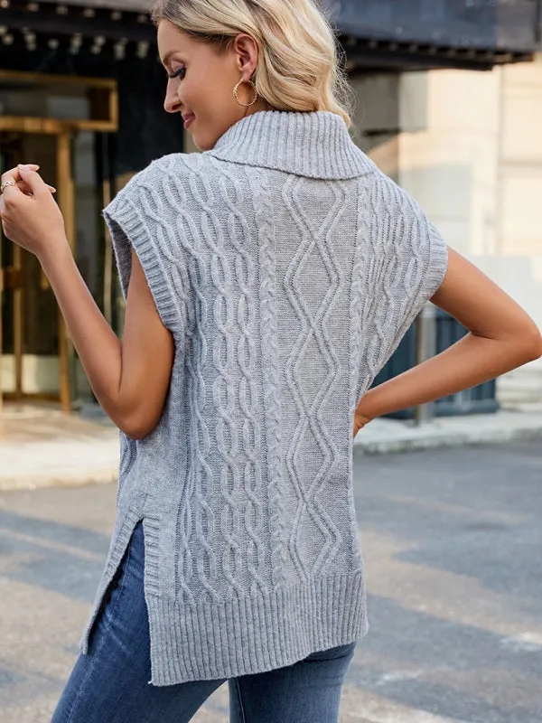 Trendy Cable Knit Turtleneck Vest with Side Slits