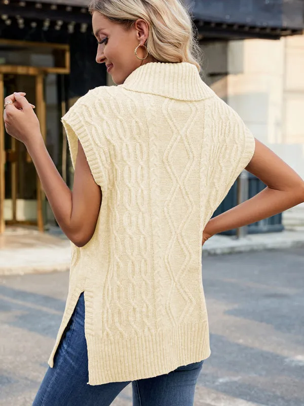 Trendy Cable Knit Turtleneck Vest with Side Slits