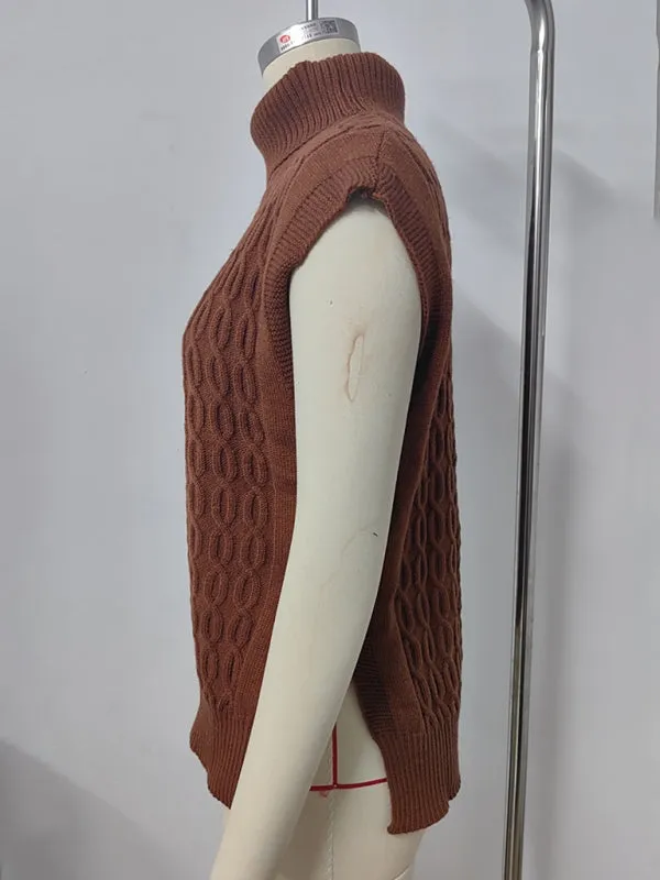 Trendy Cable Knit Turtleneck Vest with Side Slits