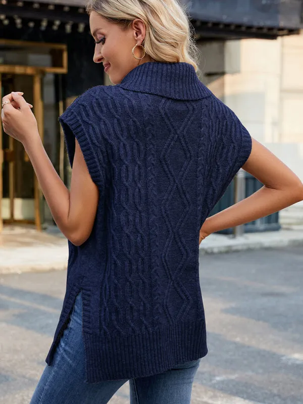 Trendy Cable Knit Turtleneck Vest with Side Slits