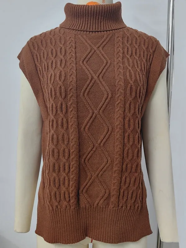 Trendy Cable Knit Turtleneck Vest with Side Slits
