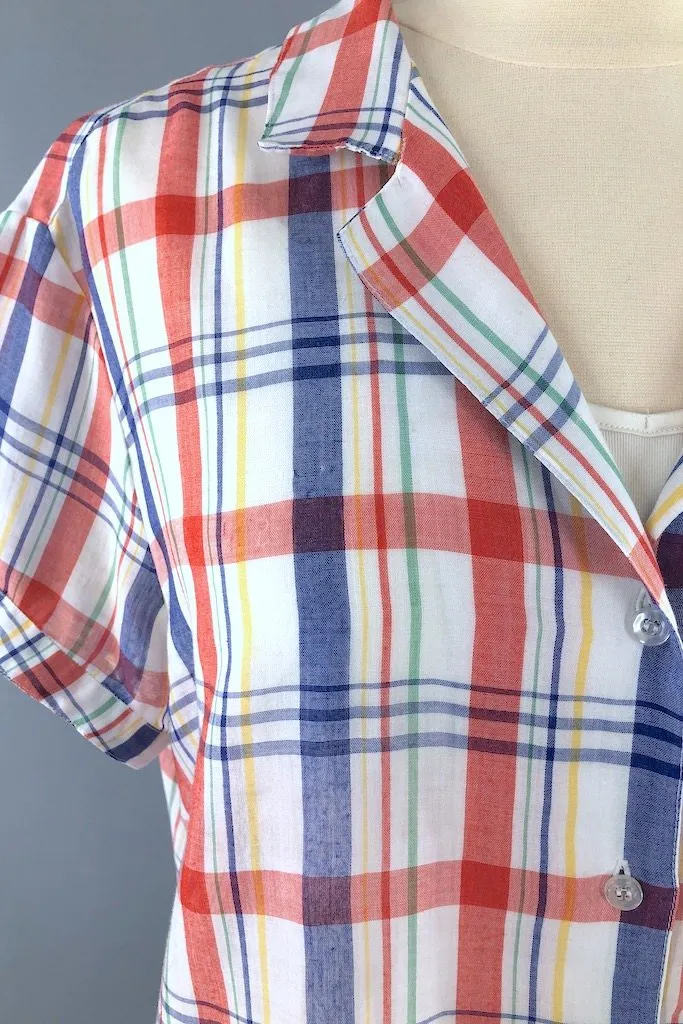 Vintage White & Red Plaid Blouse