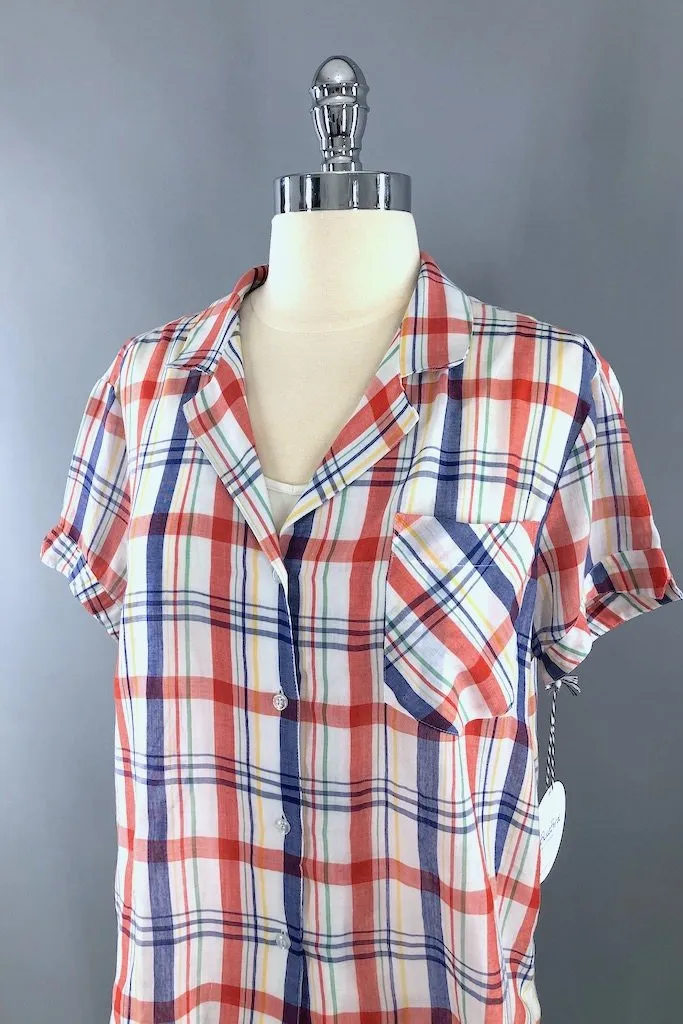 Vintage White & Red Plaid Blouse