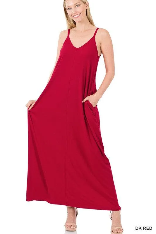 Womens V-Neck Cami Maxi Dress With Side Pockets